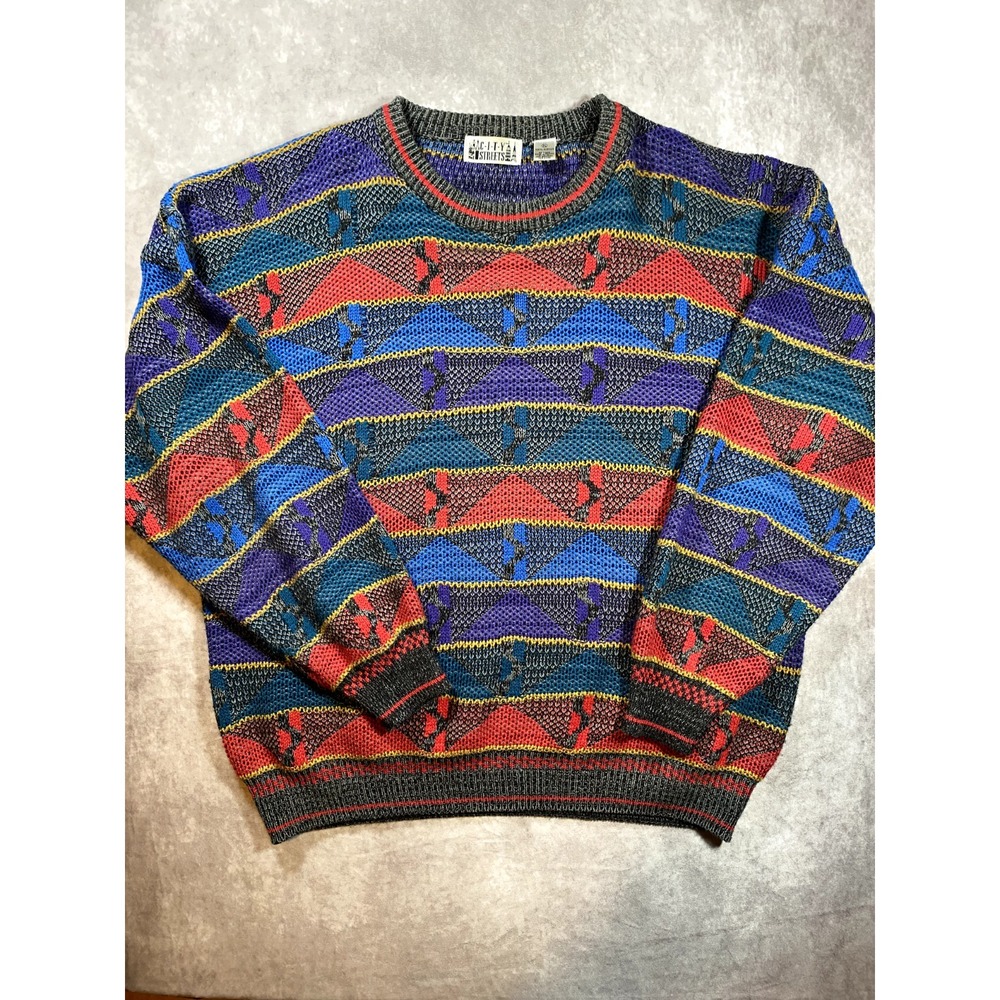 City Streets Sweater Mens XL Blue Purple  Knit Geometric Pullover Vintage